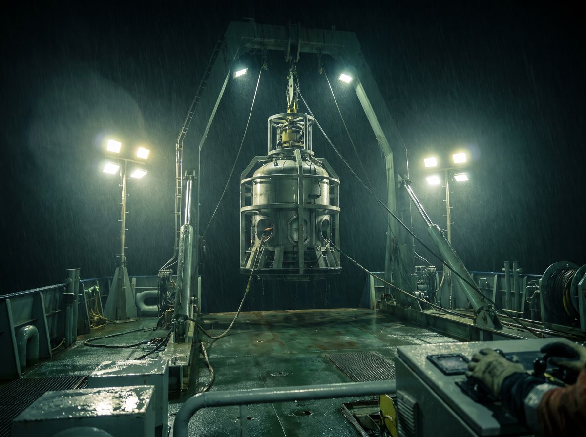 Diving bell under floodlights on the deck of a diving support vessel at night