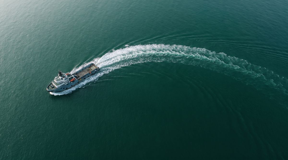 Aerial view of an offshore supply vessel leaving a long white wake on an emerald sea