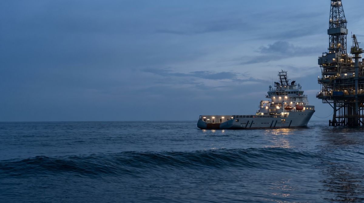 Offshore supply vessel beside a production platform at dusk