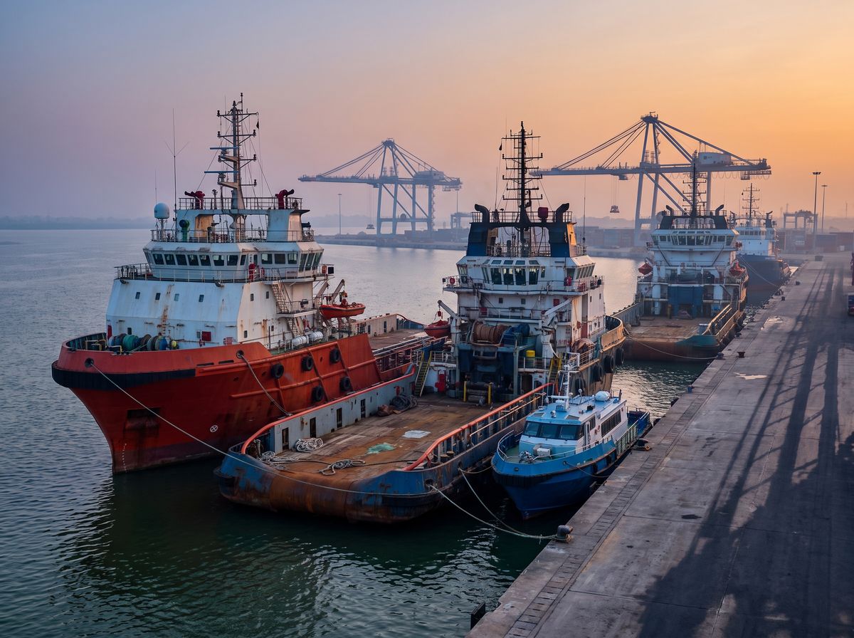 Offshore supply vessels moored at a logistics base at sunrise
