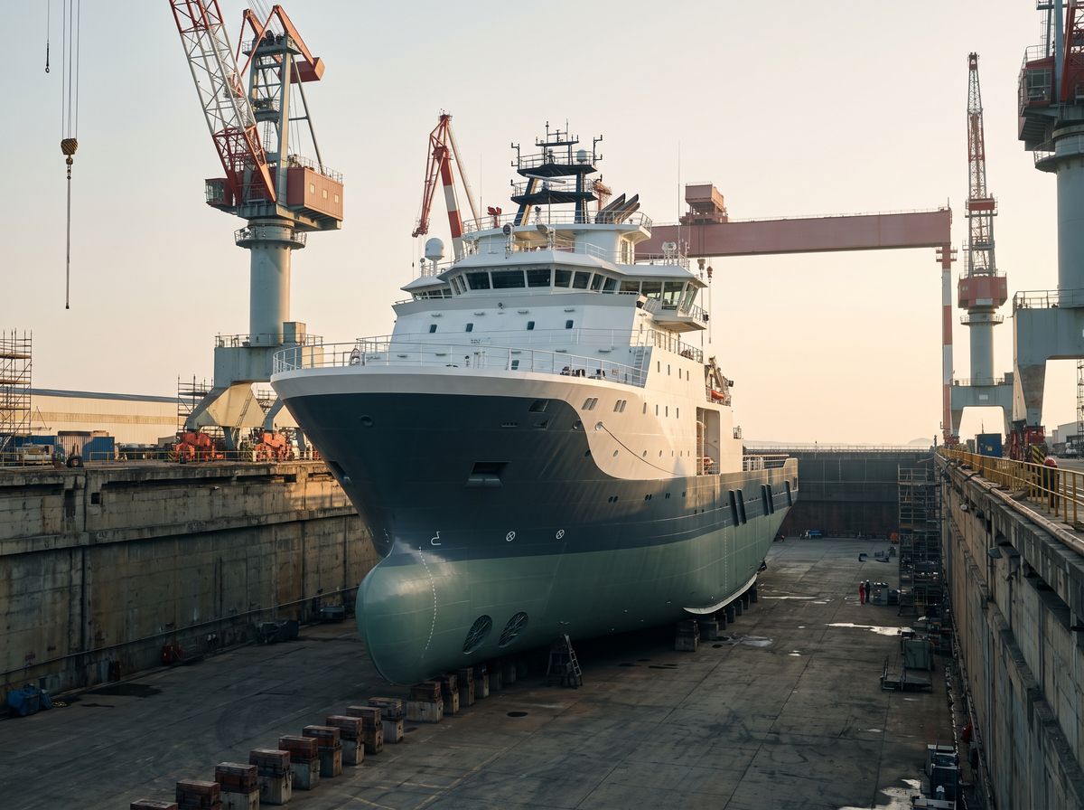 Newly built offshore vessel in dry dock at a shipyard