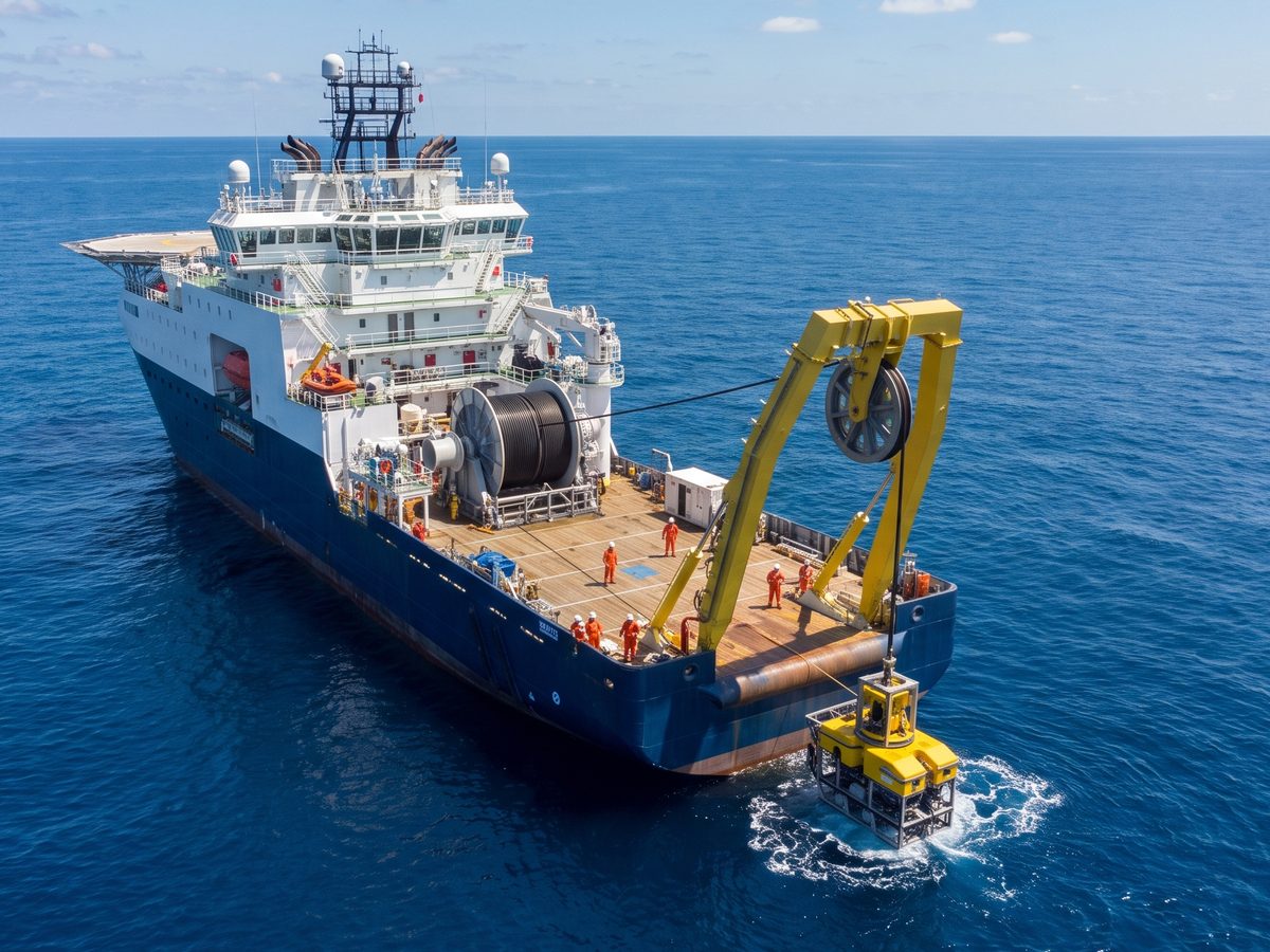 Aerial view of an offshore IMR vessel launching a work-class ROV from its A-frame on a sunny day