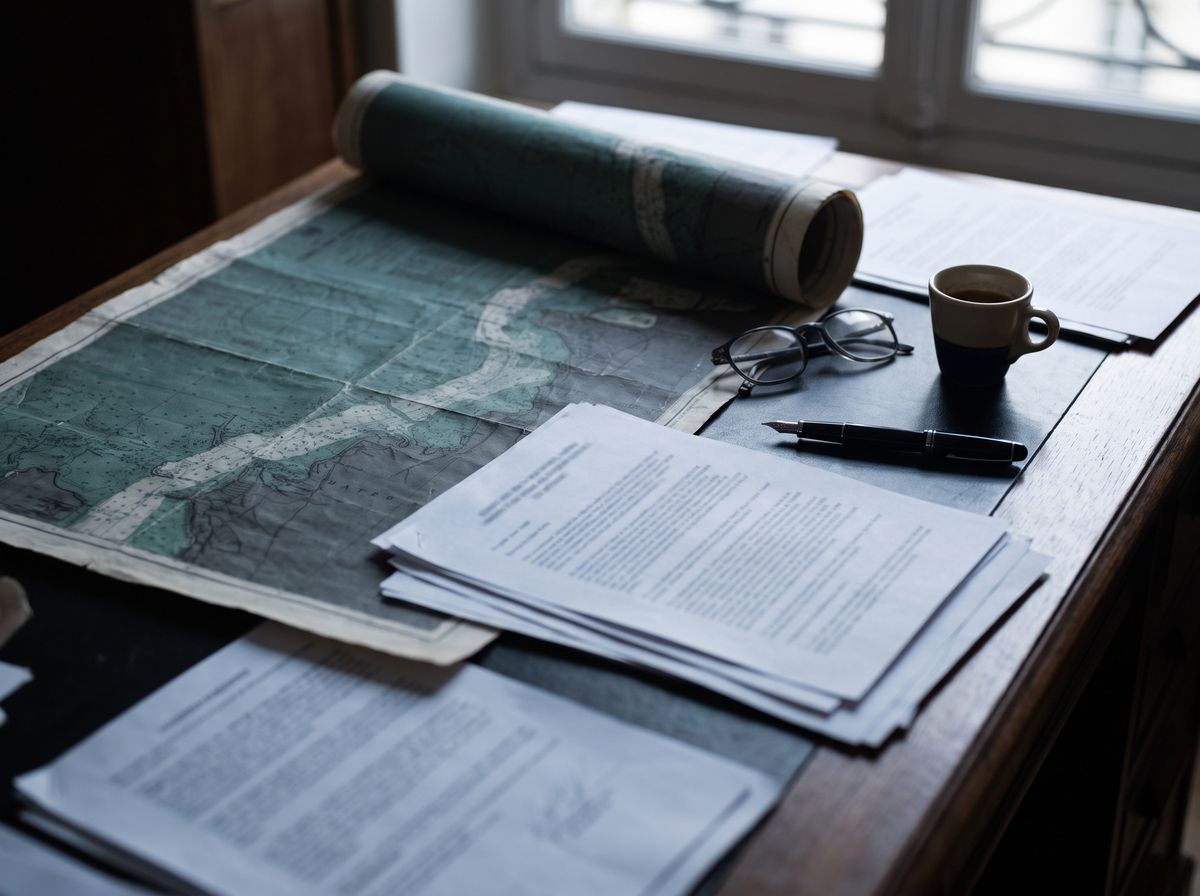 Broker's desk with a nautical chart, tender documents, a pen and an espresso